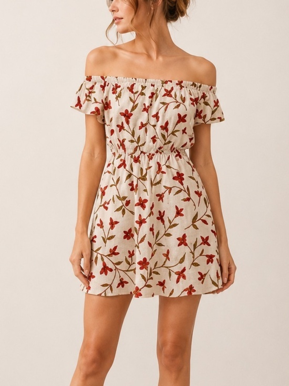 Lovers & Friends Off the Shoulder Beige Floral Tropical Vacation Mini Dress